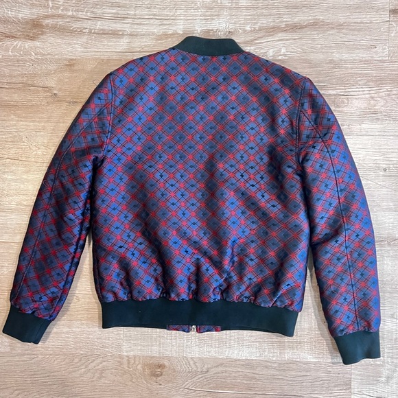 Les Eclaire's Blue and Red Bomber QuiltedJacket with Geometric Pattern - Picture 4 of 6